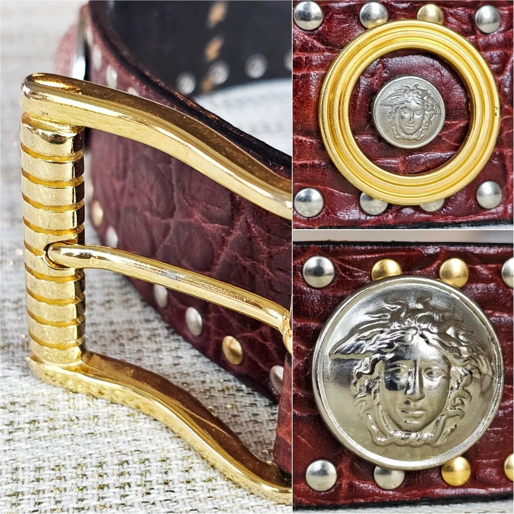 ✨ Vintage Gianni Versace Medusa Studded Leather Belt Brown Croc, Gold & Silver